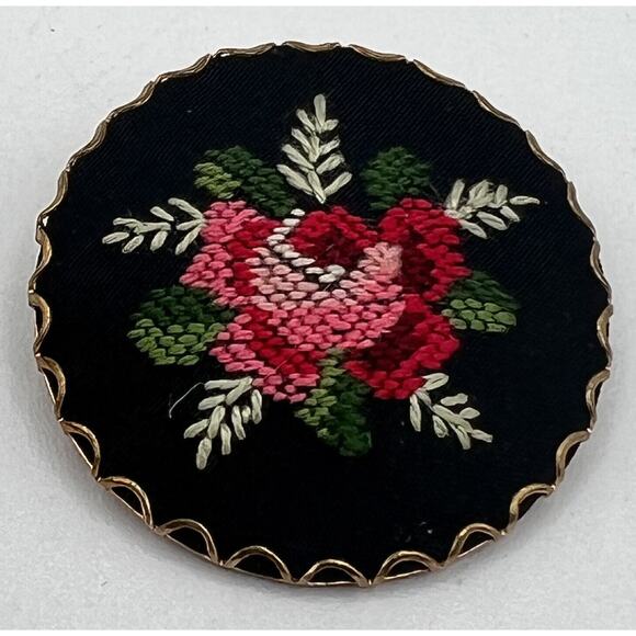 Vtg Petit Point Floral Brooch Needlepoint Black Red Pink Rose West Germany 1.5" - Picture 1 of 5